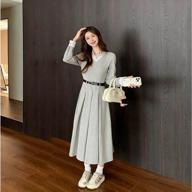 스타일닥터 여성 롱 원피스 패션 카라넥 긴팔 캐주얼 원피스 셔츠원피스 봄가을 벨트 무료 증정