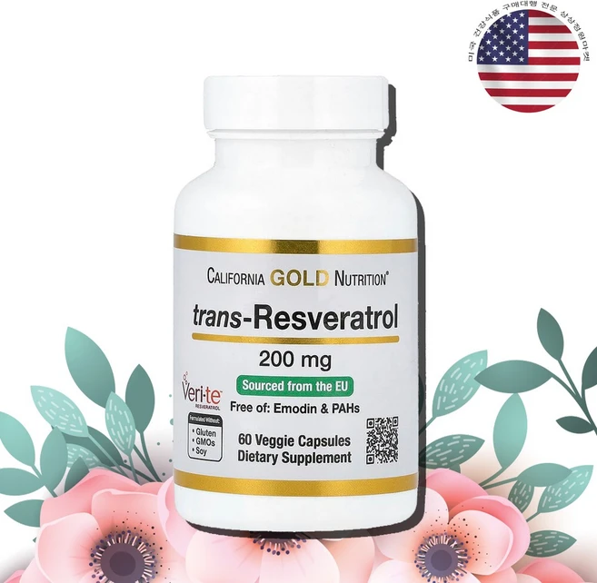캘리포니아골드뉴트리션 CGN 트랜스 레스베라트롤 200mg 60베지캡슐 폴리페놀 포도껍질 이탈리아원료 Veri-te, 1개, 60정 - 쿠팡