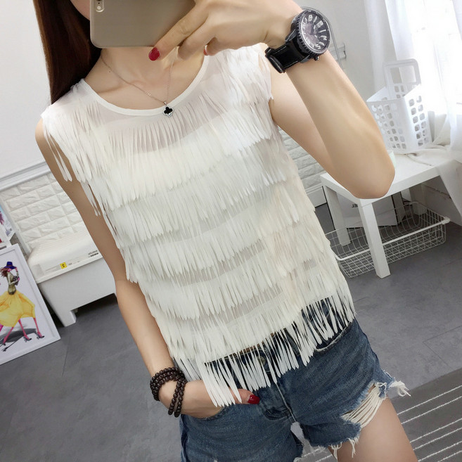 여성용 라운드 나시 여름 수술 민소매 쉬폰 티셔츠 Women's T-shirt