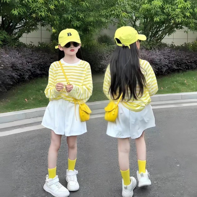 해피유통 14세 이상 어린이 봄여름 스트라이프 긴팔과 짧은 치마 귀여운 캐주얼 세트 XG08