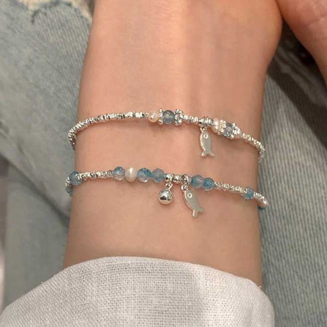 besteffie 여성용 귀여운 실버 팔찌 물고기 펜던트 실버 볼 팔찌 패션 액세서리 심플한 스타일 K57