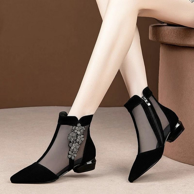 여성 봄여름 펀칭 미들힐 그물 부츠 캐주얼 굵은굽 망사 샌들