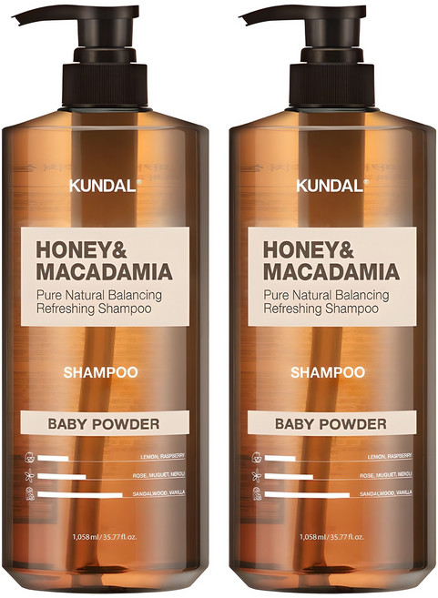 쿤달 허니 앤 마카다미아 네이처 샴푸 베이비파우더향, 1.058L, 2개