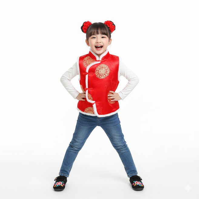 중국 전통 스타일 아동 원무늬 누빔 조끼 남녀공용 유아 금장 자수 방한 베스트 설빔
