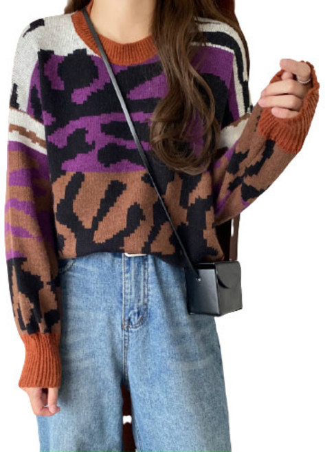 베러댓걸 레오파드믹스 숏 긴팔니트