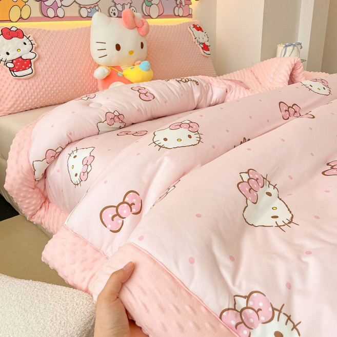 다나에 산리오 폼폼푸린 핼로키티 니트면 가을 겨울 학생 극세사 이불 단품+Integrated International Trade Co. Ltd 머리핀, 핑크 키티