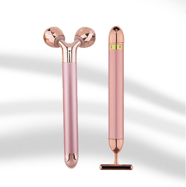 2 in 1 에너지 페이셜 롤러 24k 골드 에너지 뷰티 바 페이셜 페이스 마사지기 3D 롤러 전기 소닉 에너지 & T 쉐이프 암 아이코 헤드 마사지기 페이스 리프트, 금색