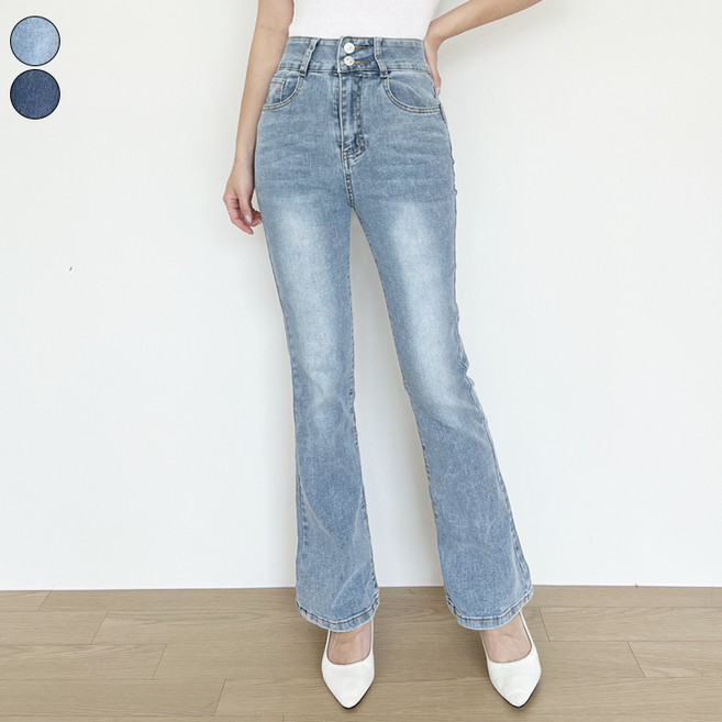 바비팩토리 여성용 키작녀 쫀쫀 스판 투버튼 데님 워싱 부츠컷 청바지 팬츠 바지