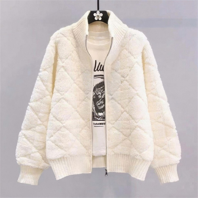 Vezri 고급스러우 퓨어 컬러 집업 니트 가디건 여성 가을 겨울 루즈핏 하이넥 기모 가디건