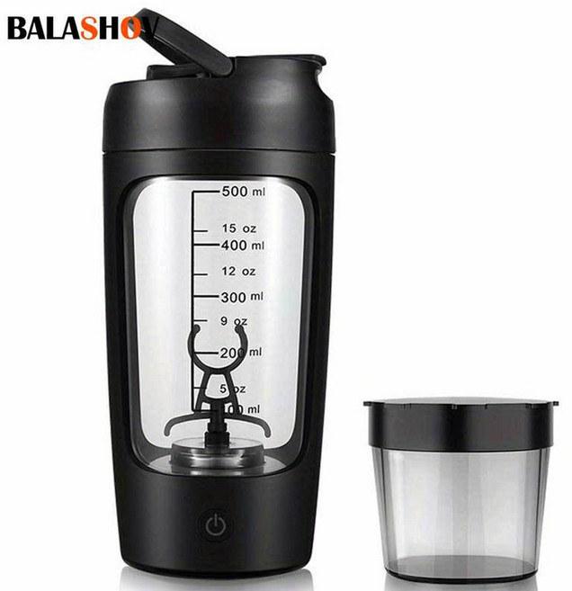500ML 전기 단백질 파우더 믹싱 컵 자동 셰이커 병 믹서 쉐이크 우유 커피 블렌더 주전자 체육관 야외, 1개, 2) Black