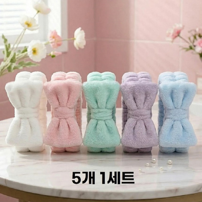 비니오 부드러운 극세사 세안밴드 머리 고정 세안 귀여운 리본 헤어밴드 세수 고정 머리띠, 1세트, 핑크, 화이트, 민트, 블루, 보라