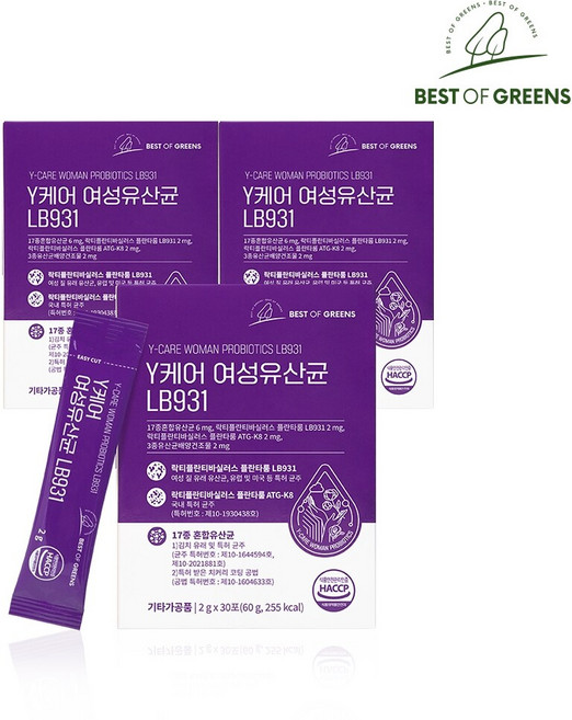 베스트오브그린 와이케어 여성 질 유래 유산균 LB931 3박스 총90포, 60g
