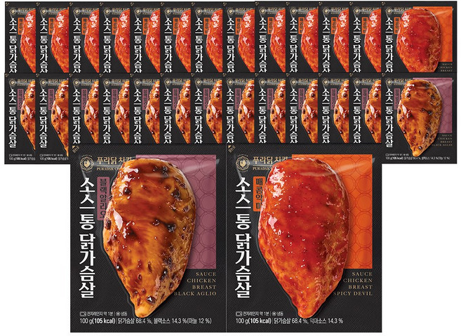 [무료배송/당일출고] 푸라닭 소스 통 닭가슴살 2종 혼합 (블랙알리오14+매콤악마14), 1세트, 2.8kg