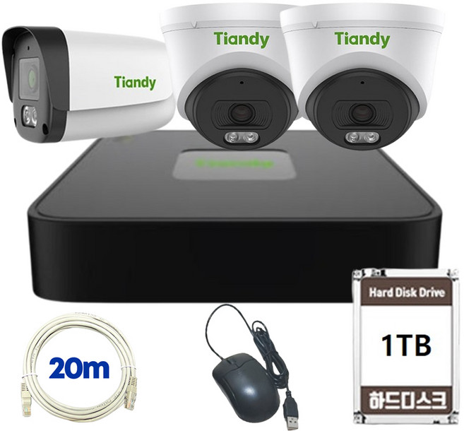 Tiandy 200만화소 고화질 네트워크 IP카메라 자가설치 세트 실내 2대 실외 1대, 1개