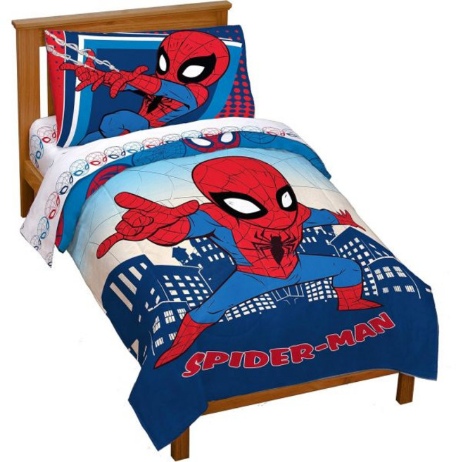 제이 프랑코 마블 스파이더맨 버스트 4피스 트윈 침구 세트 양면 이불과 시트 포함 침구류 매우 부드럽고 색이 바래지 않는 마이크로파이버 공식 제품, 유아, 파랑 - 스파이더맨