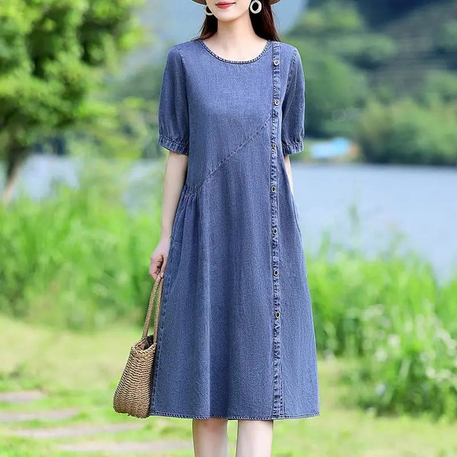 꽃소담 중년여성 라운드넥 루즈핏 주머니 반팔 미디 청원피스XP732