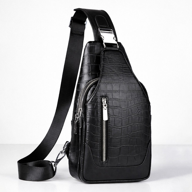 남자 슬링백 크로커 가죽 USB 충전 방수 크로스백