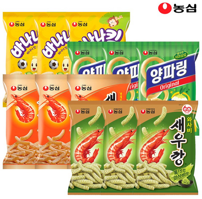 농심 와사비새우깡3+새우깡3+양파링3+바나나킥3, 농심 와사비새우깡3봉+새우깡3봉+양파링3봉+바나나킥3봉, 60g, 12개