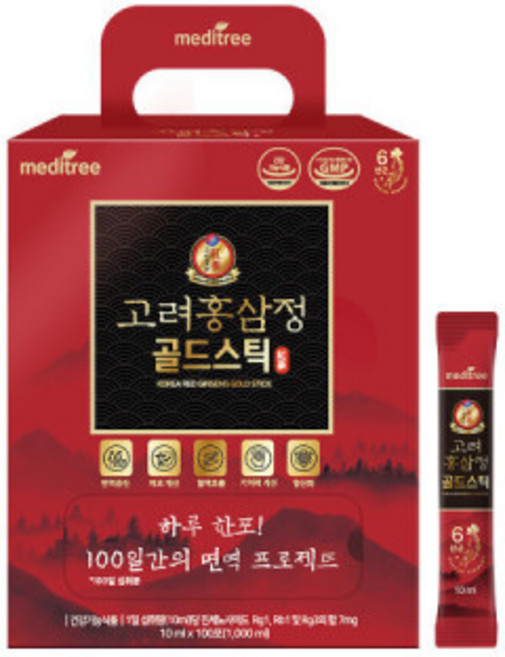 메디트리 고려 홍삼정 골드 스틱 1박스 100포 대용량 6년근홍삼 식약처인증 건강기능식품 명절선물추천, 100개
