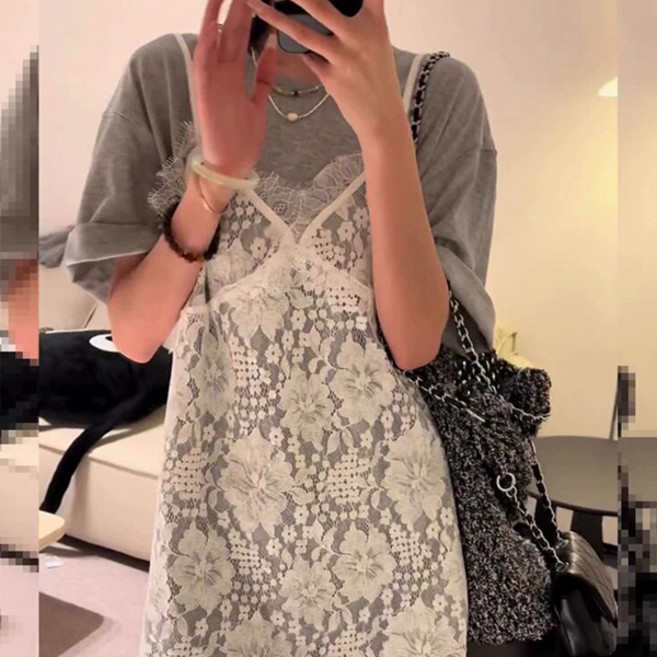 라라홀리 레이스 펀칭 유니크 시스루 레이어드 원피스 뷔스티에