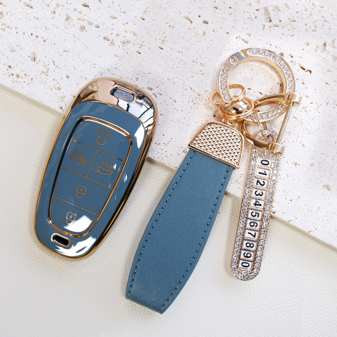 트니르 호환 현대 차키케이스 TPU 그랜져 싼타페 넥쏘 팰리세이드 쏘나타 더뉴, 현대B타입(5버튼), 큐빅오링, 블루