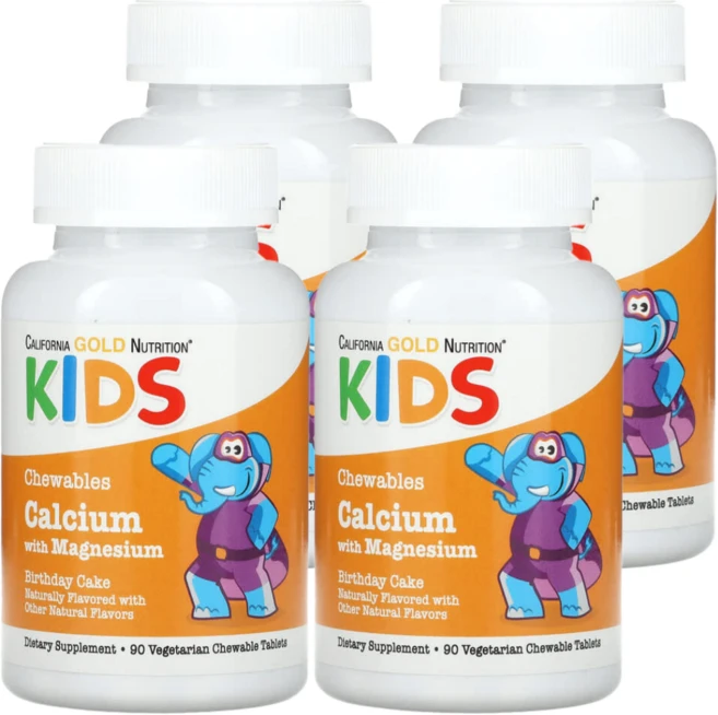 캘리포니아골드 뉴트리션 츄어블 칼슘 + 마그네슘 어린이용 생일 케이크 맛 베지 정제 90정, 4팩 - 쿠팡