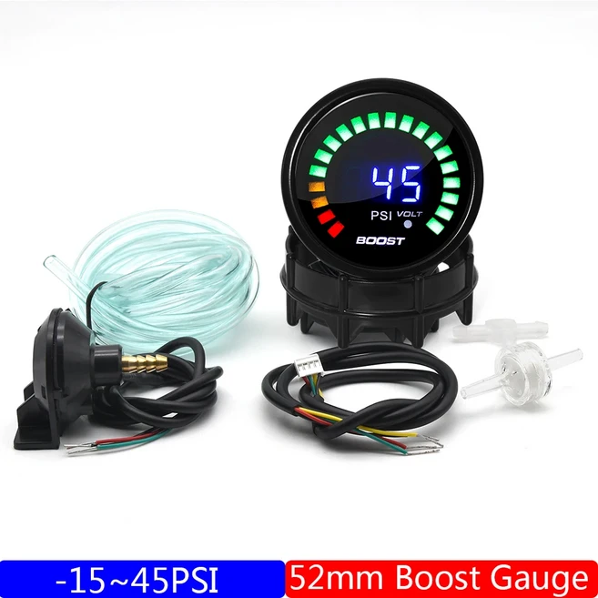 자동 터보 부스트 계량기 센서 스모크 렌즈 디지털 디스플레이 포함 1 ~ 3 바 2 인치 52mm 게이지-15 45PSI, 02 Boost Gauge PSI, 1개
