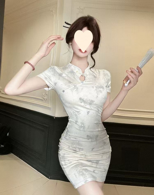 해피유통 여성 여름 섹시한 타이트핏 반소매 미니 원피스 섹시한 치파오 스타일