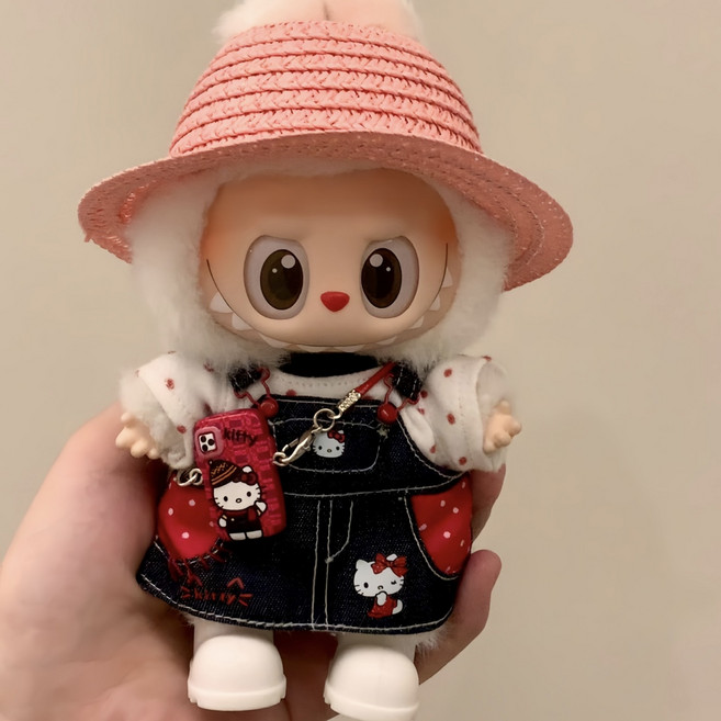 라나즈초이스 라부부 헬로키티 인형 옷 세트 1세대 2세대 3세대 호환 (인형 미포함), 1세트, 도트티+KT청원피스+KT휴대폰+흰색부츠+핑크모자