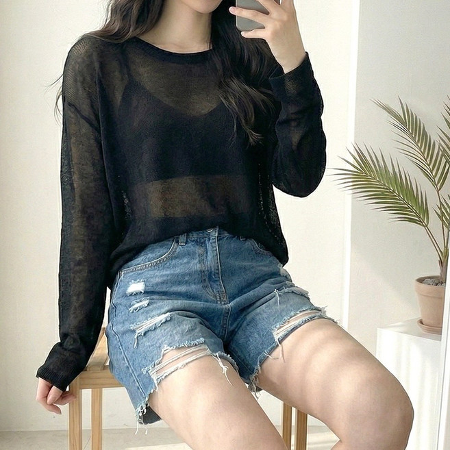 네모엔룩 여리박시시스루 여성 박시핏 시스루 레이어드 살안타템 햇빛가리개 바캉스 자외선차단 비치웨어 커버업 라운드넥 긴소매 니트, 블랙