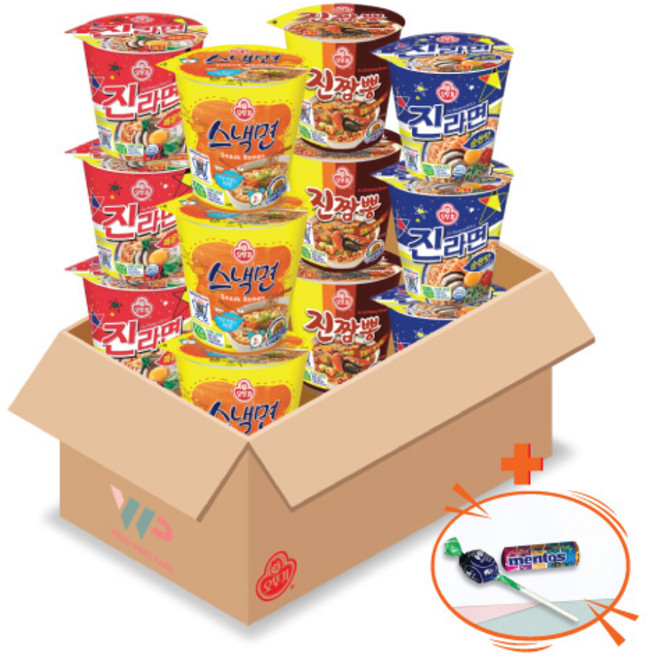 오뚜기 컵라면 소컵 4종 혼합세트 진짬뽕 3컵+진라면 순한맛 3컵+진라면 매운맛 3컵+스낵면 3컵 총 12컵 미니 맨토스+투시팝 사탕 사은품 2종 증정, 1개