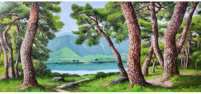 소나무그림 소나무 액자 대형소남무 벽장식 현관 복도 주방 거실 인테리어 그림 유화 그림 액자 집들이 선물 풍경화 그림 정물그림