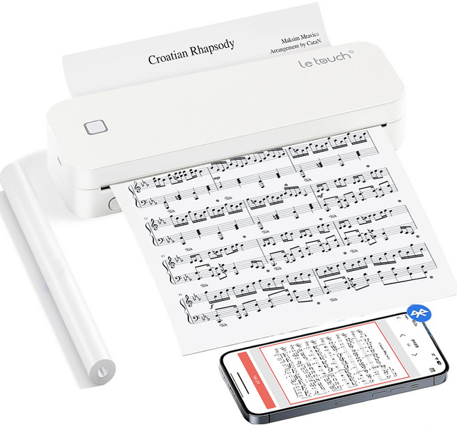 레터치 휴대용프린터 블루투스 무선 라벨 프린터 A4 모바일 포토프린터+롤 감열지 1롤 내장 수험생선물 열전사 감열식, 화이트