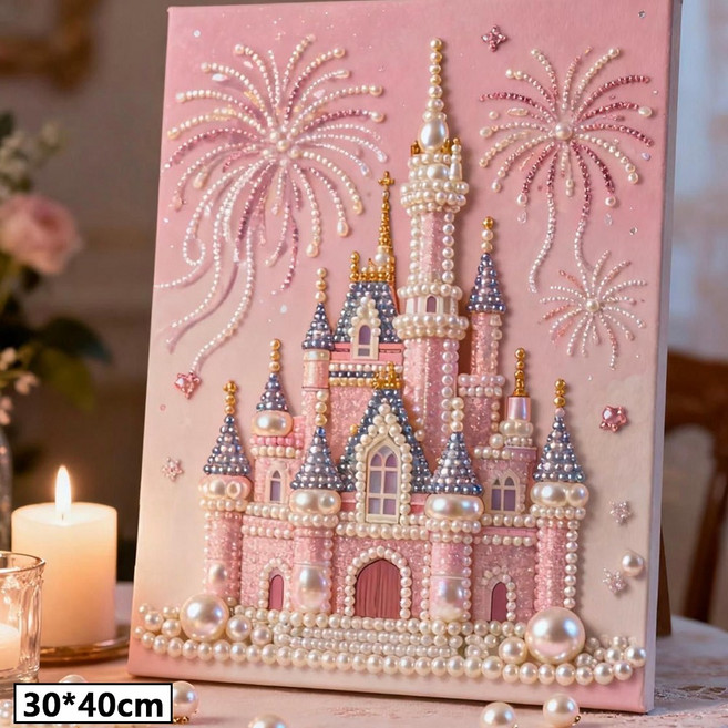 성채 파도 진주화 DIY 모금 진주 자착식 신혼 선물 장식 그림 친구 선물, 핑크색 불꽃놀이의 성