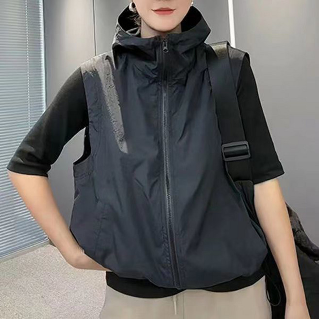 슬림소녀 여성용 여름 민소매 후드집업 데일리 야상 캐주얼 루즈핏 경량 바람막이 조끼 자켓