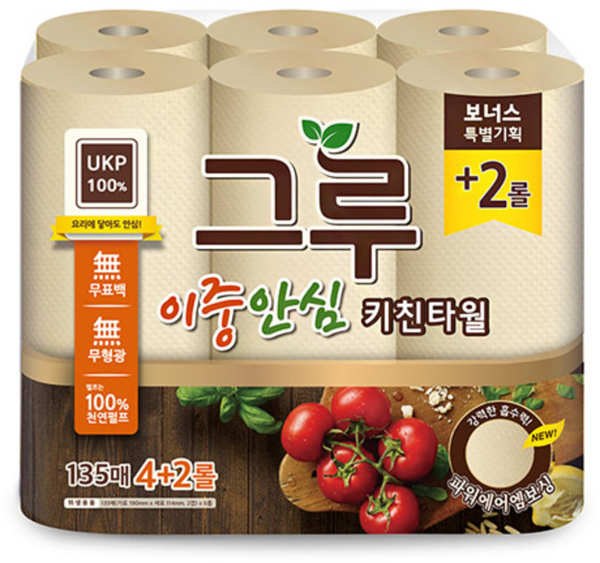 그루 이중안심 천연펄프 키친타올, 6롤, 1개