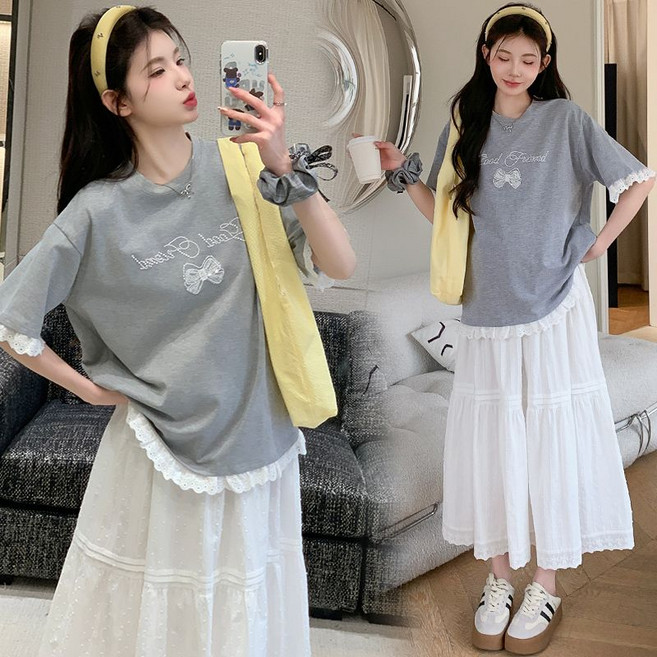 임산부 여름 캐주얼 세트 여름 코튼 레이스 티셔츠 롱스커트 세트 편안한 캐주얼 스타일 JS