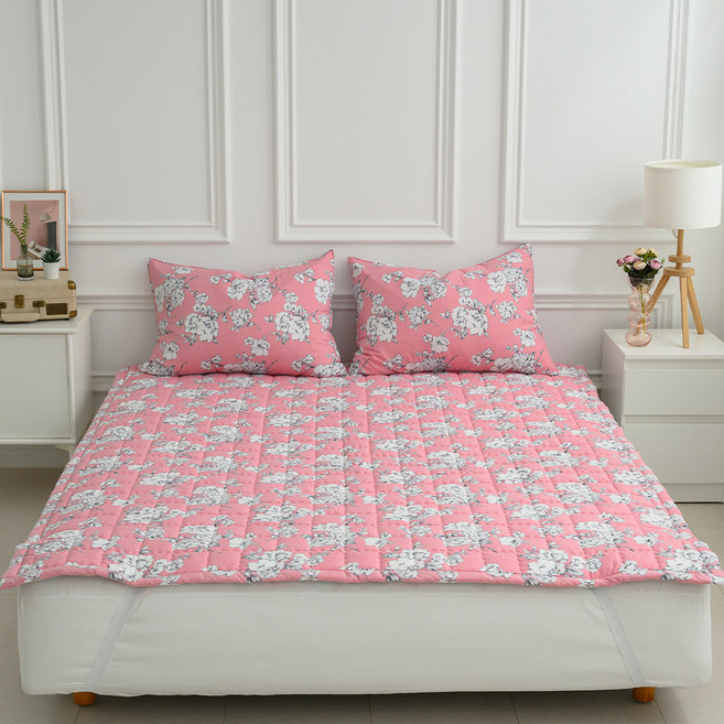 먼지없는 사계절 미끄럼방지 고정밴드 누빔 매직픽 침대패드, 플라워블로썸