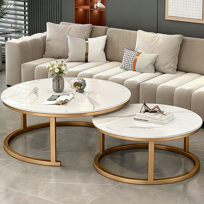 New World 대리석 거실 테이블 70+50CM 원형 티 테이블 스크래치 방지 내열성 탁월YB, 대리석 화이트+골드