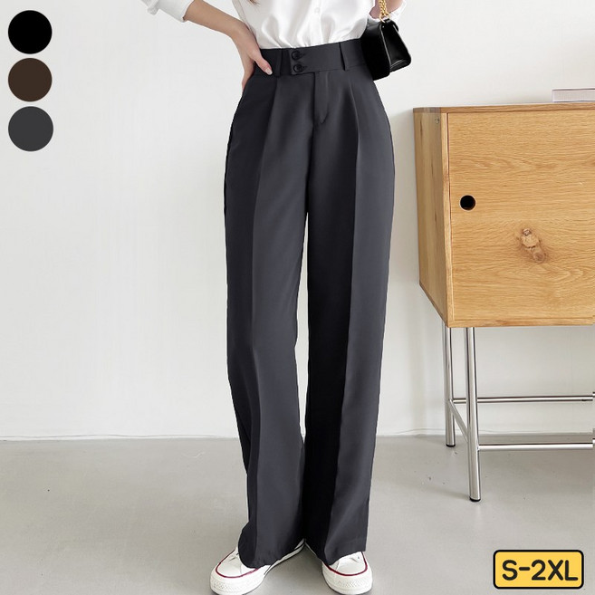 바비팩토리 여성용 투버튼 핀턱 뒷밴딩 일자와이드 슬랙스 긴바지 빅사이즈까지