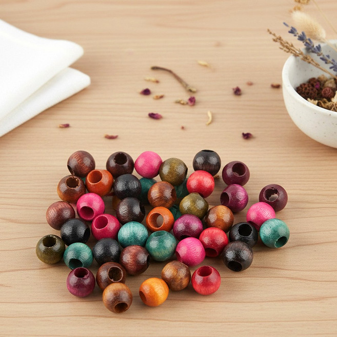 [10mm 구멍 대]국산 나무구슬 DIY 공예 재료 팔찌 목걸이 만들기 우드 비즈 80개입, 1세트, 나무구슬(구멍)-대10mm 혼합(80개)