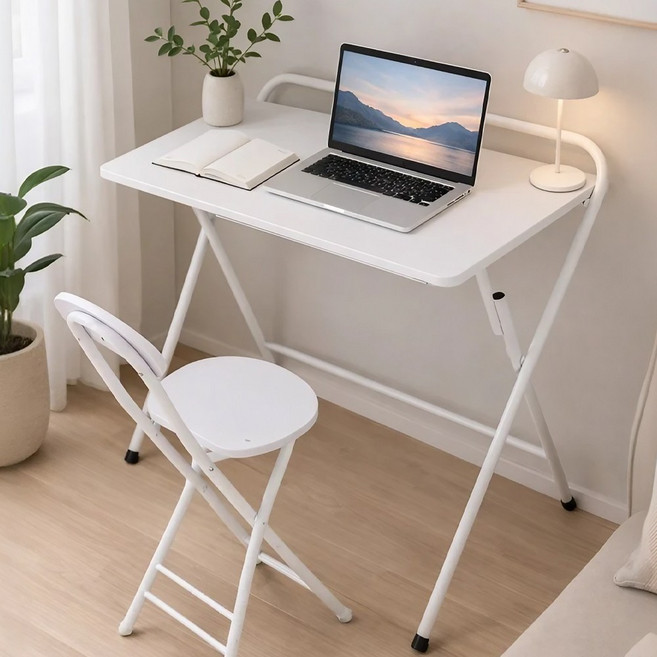 소프트엣지 1인용 접이식 책상의자세트, 화이트+화이트 프레임