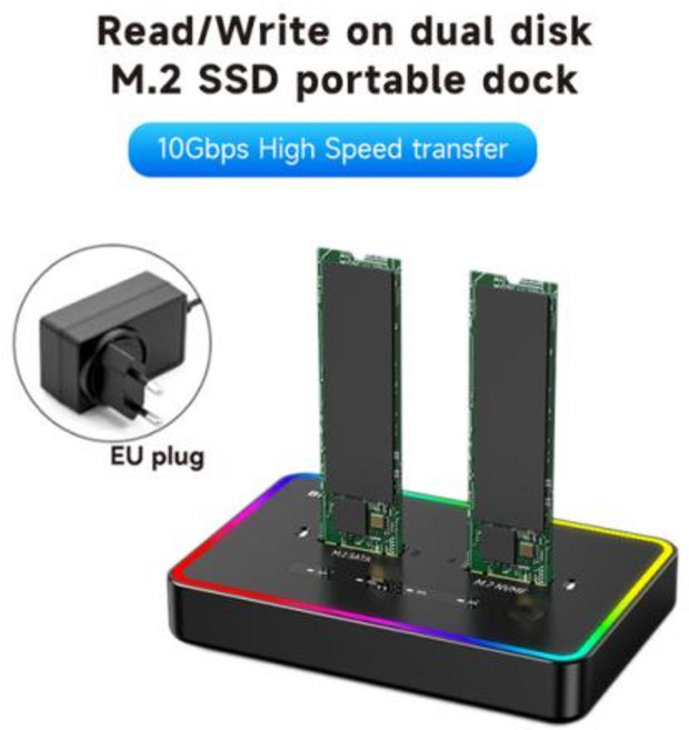 Blueendless 오프라인 클론 듀얼 프로토콜 m.2 SSD 케이스 PCIe NVME SSD 도킹 스테이션 2 베이 M2 SD 인클로저 C 타입 10Gbps RGB 라이트, 1개, 4) SD06C EU plug