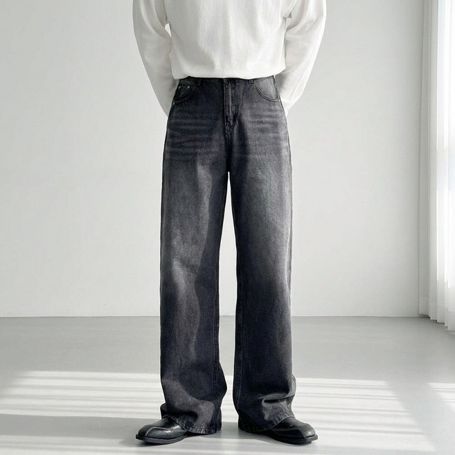 코튼 S~4XL 빅사이즈 워싱 스트레이트핏 롱 와이드 일자 데님 팬츠 청바지