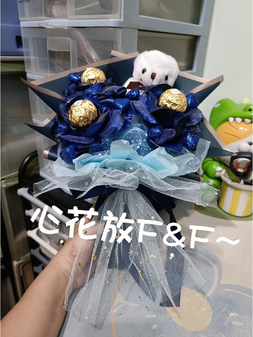 心花放K&F 小熊金莎玫瑰閃燈櫥窗袋花束, 1個, 深藍色