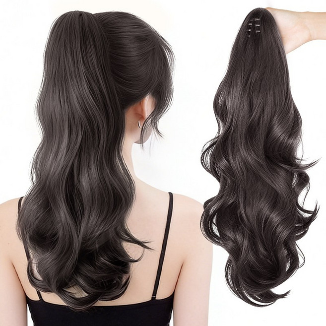홈컴 가발 여성 패션 웨이브 집게 포니테일 부분가발, 1개, 블랙브라운