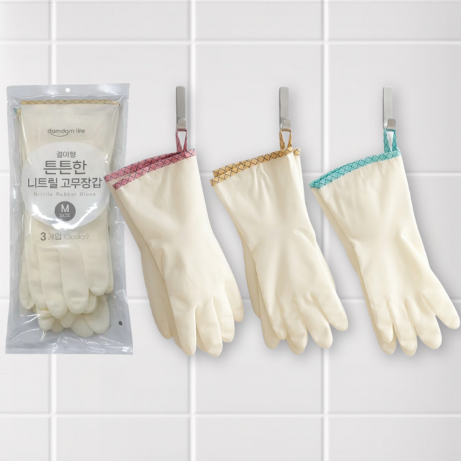 담담라이프 걸이형 튼튼한 니트릴 고무장갑 (32cm), 핑크/그린/노랑, M, 3개