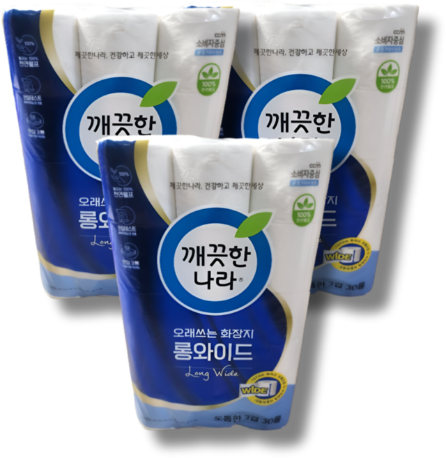 깨끗한나라 3겹 오래쓰는 화장지 롱와이드 30m 30롤 3개