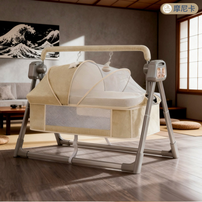 新生兒嬰兒牀多功能搖籃牀可摺疊便攜式嬰兒搖椅哄娃安撫神器, 黃色