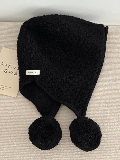 100%純羊毛帽子 圍脖一件式保暖針織帽 女 秋冬護耳巴拉克拉法帽子